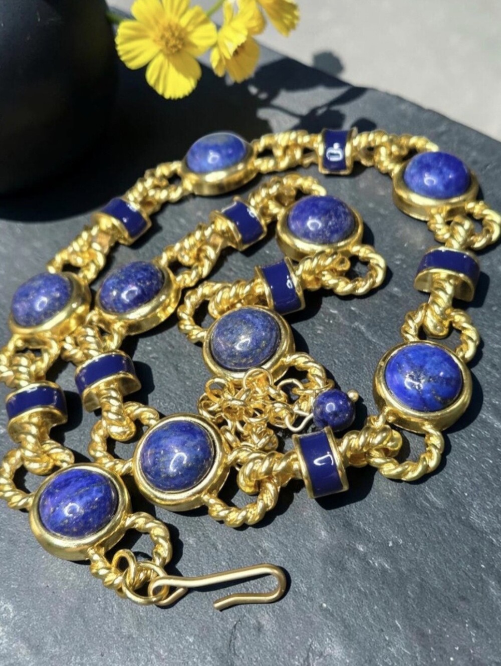 Lapis Lazuli Gold Enamel Byzantine Etruscan Vintage Vibes Statement Necklace